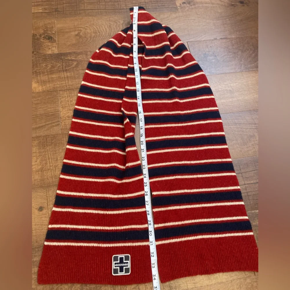 Abercrombie & Fitch Red and Navy Striped Winter Scarf Y2K Wool Blend